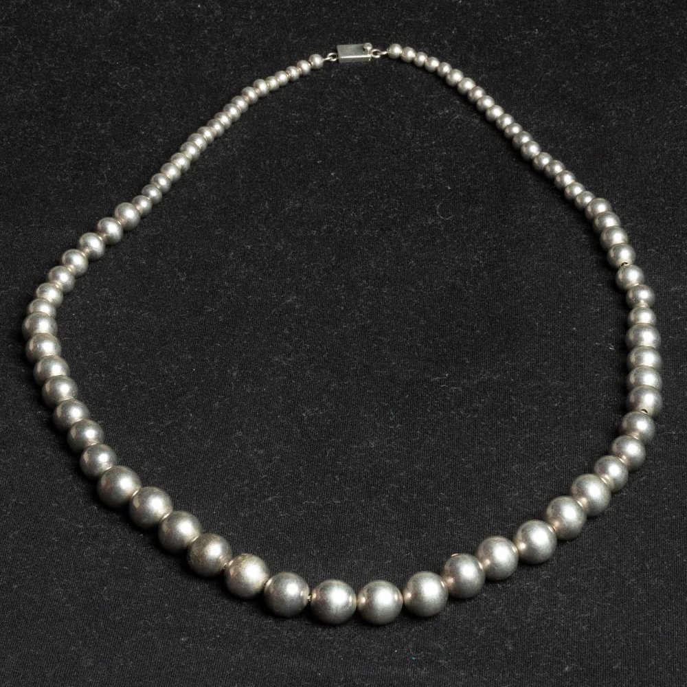 Vintage TAXCO MEXICO Sterling Silver BEADED NECKLACE Navajo Pearls HEAVY 32"Long